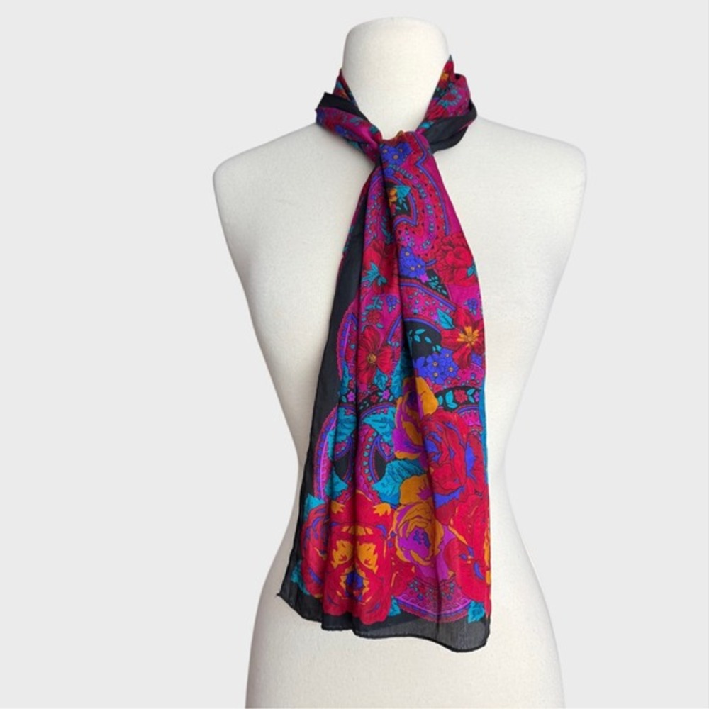 Vintage Black Fuchsia Floral Rose Silk Scarf Art to Wear Bold Vibrant